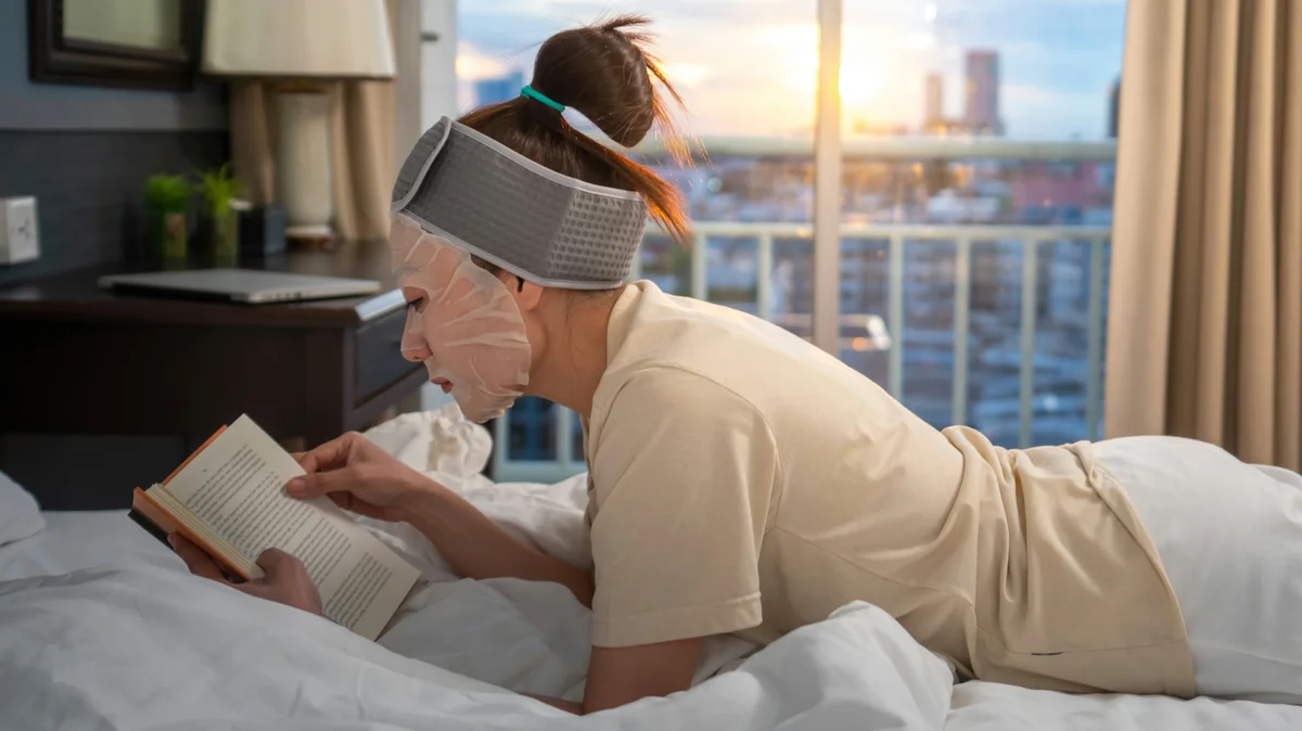 Πλάγια όψη μιας γυναίκας ξαπλωμένης μπρούμυτα στο κρεβάτι διαβάζοντας ένα βιβλίο, με ενυδατική μάσκα στο πρόσωπο και μια κορδέλα μαλλιών