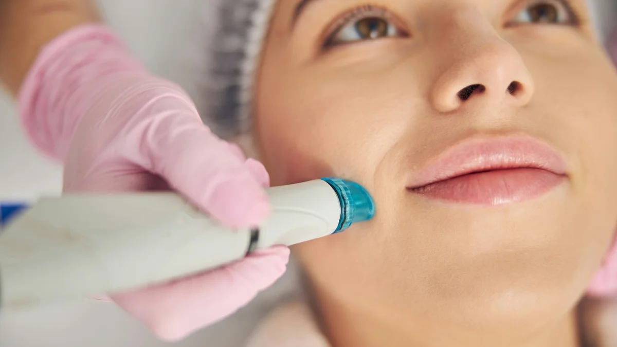 Κοντινό πλάνο μιας συσκευής HydraFacial που γλιστράει στο μάγουλο μιας πελάτισσας κατά τη διάρκεια θεραπείας στο κατάστημα